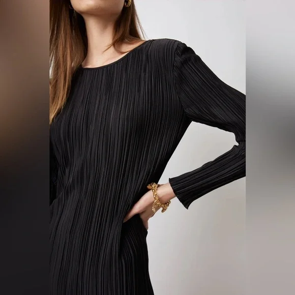 NWT Rails Jordy Midi Pleated Satin Long Sleeve Dress Black | XS - Picture 2 of 12
